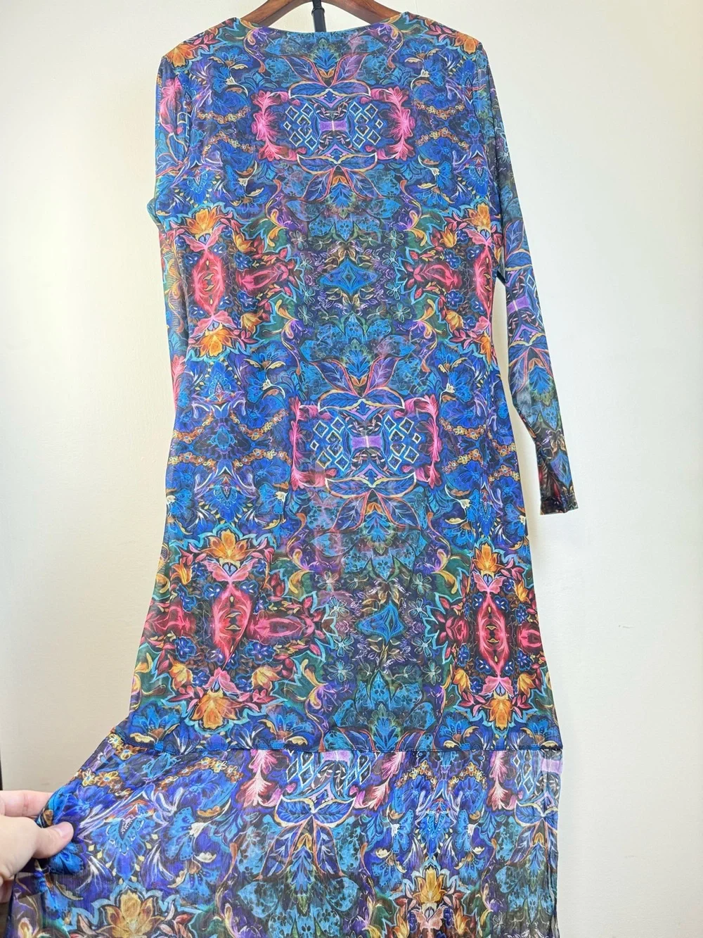 JOHNNY WAS JADE TULUS MESH MIDI DRESS Blue Ottalie Bold Kaleidoscope Lined XL XS